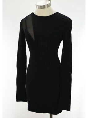 DAVID KOMA Black Mesh Insert Ribbed Knit Long Sleeve Mini Dress XL NWT